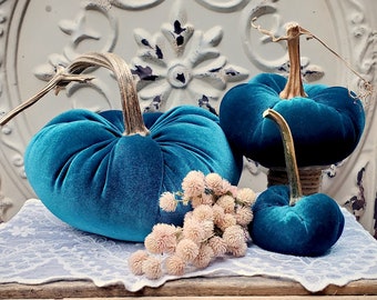LAST of this color! Velvet Pumpkins with Real Dried Pumpkin Stems-TEAL; 20 colors in six sizes. 10 percent off 5 or more.