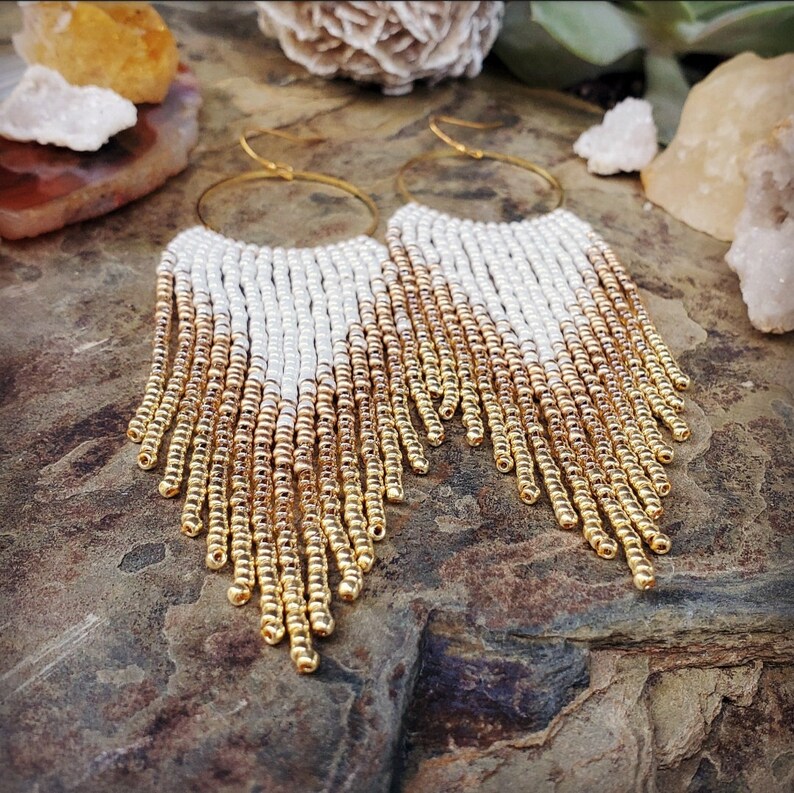 Beaded Fringe Gold Hoop Earrings 'bubbly' Collection Etsy