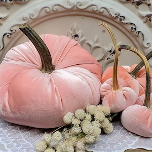 LAST of this color! Velvet Pumpkins with Real Dried Pumpkin Stems-PEACH; 20 colors in six sizes. 10 percent off 5 or more.