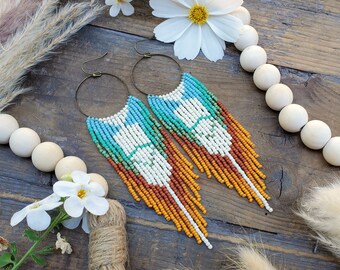 Beaded Fringe Earrings on Bronze Hoops; 'Satyr'