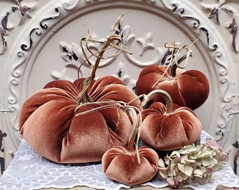 NEW color for 2024! Velvet Pumpkins with Real Dried Pumpkin Stems-WARM BROWN; 20 color options in 6 sizes. 10 percent off 5 or more.