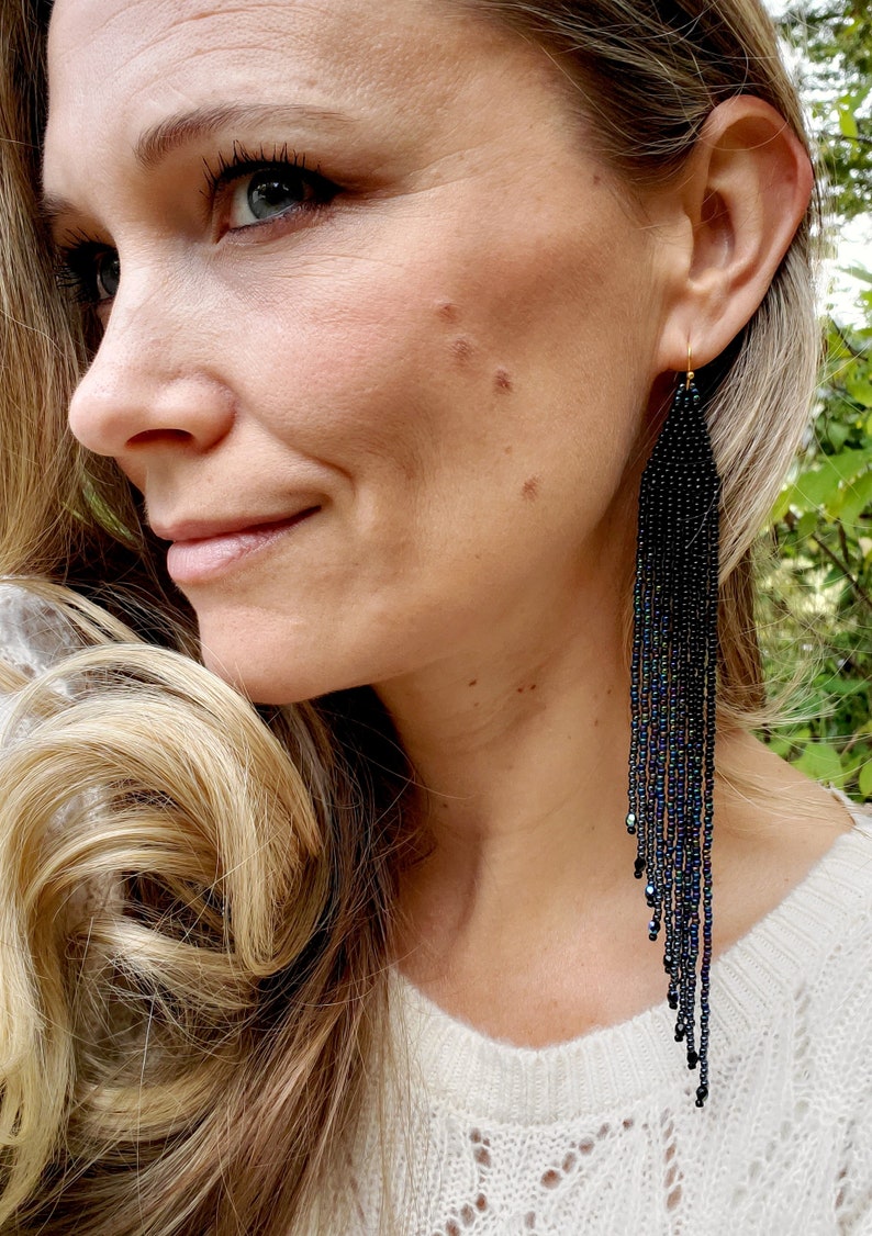 Long Black Beaded Shoulder Duster Earrings 'Galaxy' Collection image 8