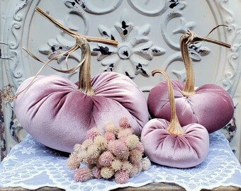 LAST of this color! Velvet Pumpkins with Real Dried Pumpkin Stems-DUSTY ROSE; 20 colors in six sizes. 10 percent off 5 or more.