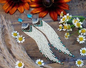 Long Beaded Fringe Shoulder Duster Earrings with Natural Turquoise Crystals; 'Rodeo'.