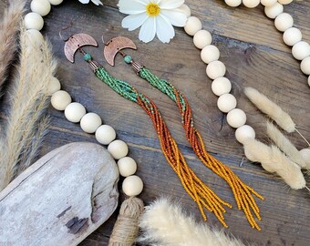 Long Beaded Tassel Earrings with Natural African Turquoise and Copper Moons; 'Desert Moon'