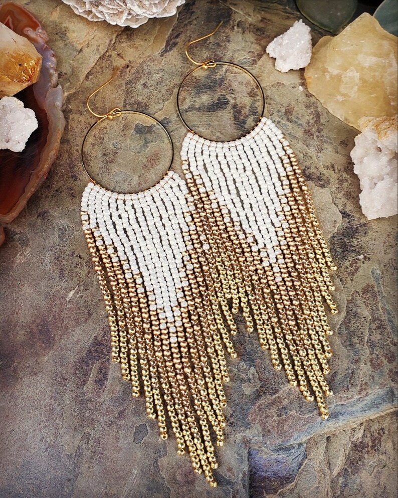Beaded Fringe Gold Hoop Earrings 'bubbly' Collection Etsy