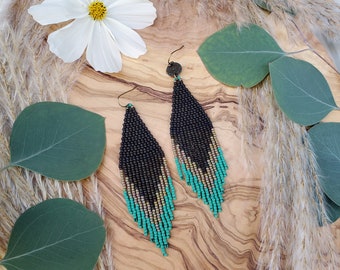 Boho Beaded Fringe Earrings with OPTIONAL Bronze Mandala Charms; Not-quite-black, pinkish-green and turquoise.