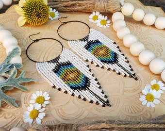 Beaded Fringe Earrings on Large Antique Bronze Hoops; 'Mosaic'