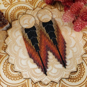 Beaded Fringe Earrings on Gold Hoops; 'Dragon'. Part of the 'Mythical Creatures' collection.