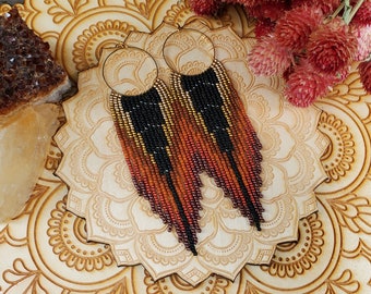 Beaded Fringe Earrings on Gold Hoops; 'Dragon'. Part of the 'Mythical Creatures' collection.