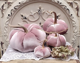NEW color for 2024! Velvet Pumpkins with Real Dried Pumpkin Stems-OLD ROSE; 20 color options in 6 sizes. 10 percent off 5 or more.