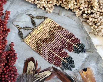 Beaded Fringe Earrings with Bronze Feather Details; 'Feathery' Bead Colors and Design