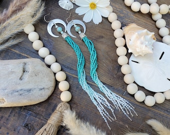 Long, Beachy Beaded Tassel Earrings with Mother-of-Pearl and Ocean Jasper; 'Seacliff Beach'