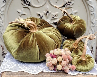 Velvet Pumpkins with Real Dried Pumpkin Stems-LIGHT OLIVE; 20 colors in six sizes. 10 percent off 5 or more.