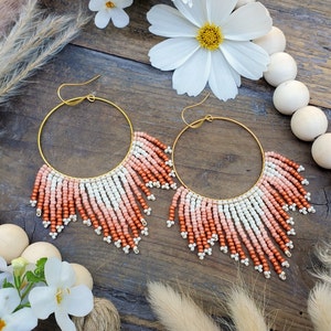 Large Hoop Beaded Fringe Earrings; &#39;Peaches &#39;n&#39; Cream&#39;. Part of the &#39;Mandala&#39; series.