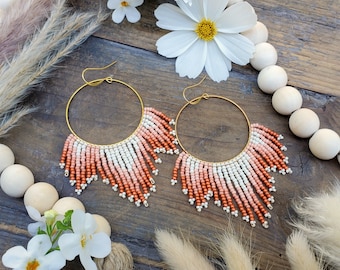 Large Hoop Beaded Fringe Earrings; 'Peaches 'n' Cream'. Part of the 'Mandala' series.