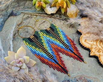 Beaded Fringe Earrings on Gold Hoops; 'Sphinx'. Part of the 'Mythical Creatures' collection.