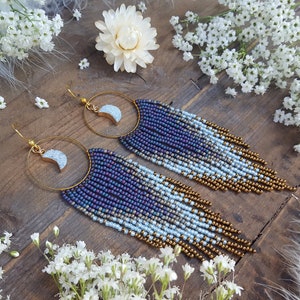 Moon Beaded Fringe Hoop Earrings; 'Midnight Dream' Collection. Moon optional.