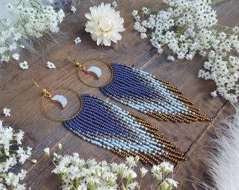 Moon Beaded Fringe Hoop Earrings; 'Midnight Dream' Collection. Moon optional.