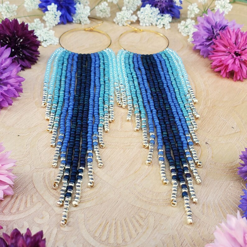 Long Boho Blue Ombr\u00e9 Beaded Fringe Hoop Earrings; /'Tranquility/'