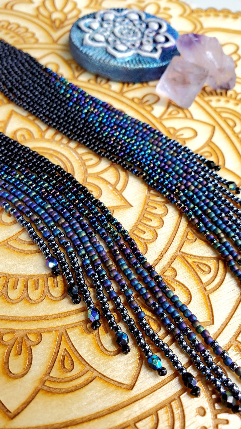 Long Black Beaded Shoulder Duster Earrings 'Galaxy' Collection image 5