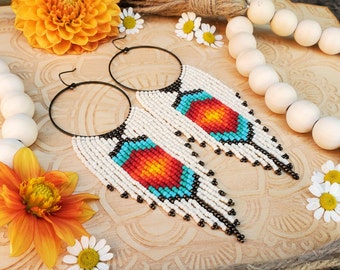 Beaded Fringe Earrings on Large Antique Bronze Hoops; 'Flame'