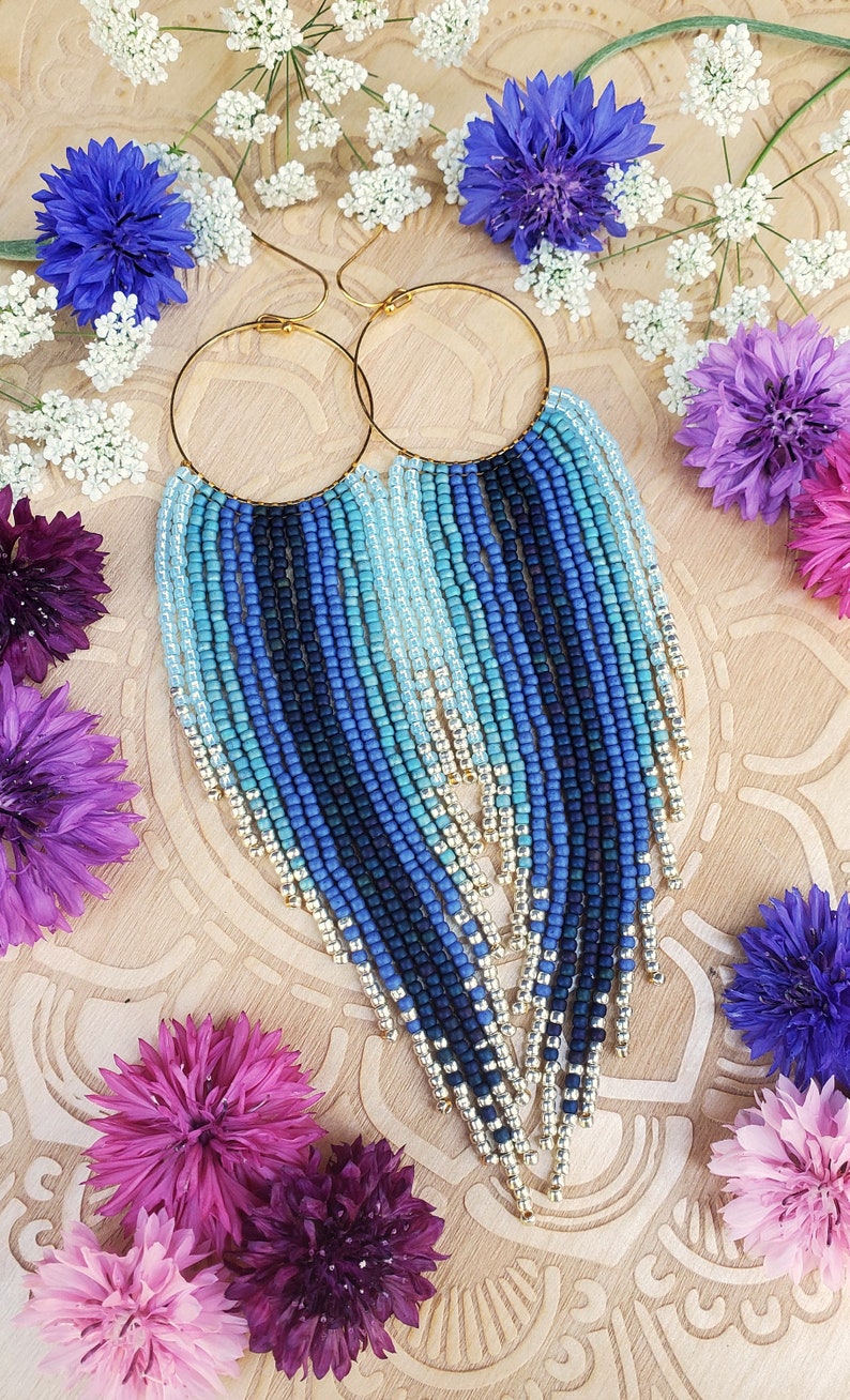 Long Boho Blue Ombr\u00e9 Beaded Fringe Hoop Earrings; /'Tranquility/'