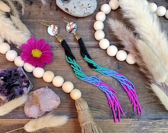 Long Beaded Tassel Earrings with Natural Abalone; 'Lagoon'