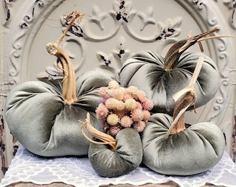 Velvet Pumpkins with Real Dried Pumpkin Stems-SAGE GREEN; 20 colors in six sizes. 10 percent off 5 or more.