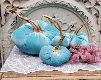 LAST of this color! Velvet Pumpkins with Real Dried Pumpkin Stems-AQUA; 20 colors in six sizes. 10 percent off 5 or more.