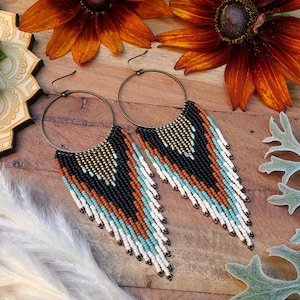 Beaded Fringe Earrings on Large Antique Bronze Hoops; &#39;Mojave&#39;