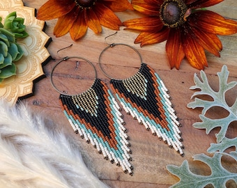 Beaded Fringe Earrings on Large Antique Bronze Hoops; 'Mojave'