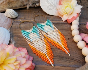 Beaded Fringe Earrings on Gold Hoops; 'Sea Siren'. Part of the 'Mythical Creatures' collection.