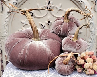 Velvet Pumpkins with Real Dried Pumpkin Stems-TAUPE; 20 colors in six sizes. 10 percent off 5 or more.
