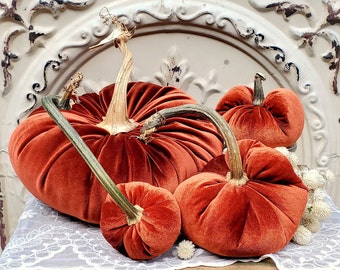 Velvet Pumpkins with Real Dried Pumpkin Stems-RUST; 20 color options in six sizes. 10 percent off 5 or more.