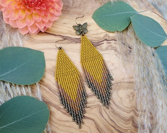 Boho Beaded Fringe Earrings with OPTIONAL Bronze Butterfly Charm; Mustard, peachy-yellow and bronze.