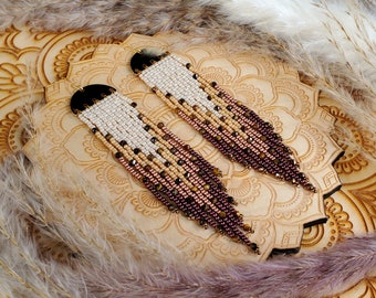 Long Beaded Fringe Earrings on Gold Half-Circles with Tiger's Eye and Hematite Crystal Beads; 'Tiramisu'