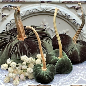 Velvet Pumpkins with Real Dried Pumpkin Stems-OLIVE GREEN; 20 colors in six sizes. 10 percent off 5 or more.