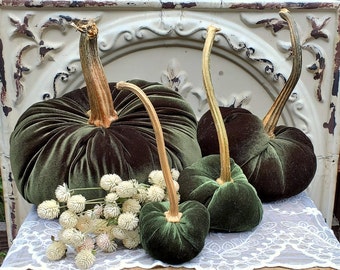 Velvet Pumpkins with Real Dried Pumpkin Stems-OLIVE GREEN; 20 colors in six sizes. 10 percent off 5 or more.