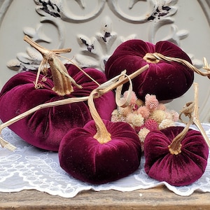 Velvet Pumpkins with Real Dried Pumpkin Stems-BURGUNDY; 20 colors in six sizes. 10 percent off 5 or more.