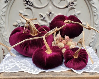 Velvet Pumpkins with Real Dried Pumpkin Stems-BURGUNDY; 20 colors in six sizes. 10 percent off 5 or more.