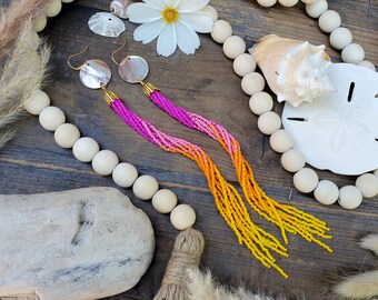 Long, Beachy Beaded Tassel Earrings with Mother of Pearl; 'Sunset Beach'
