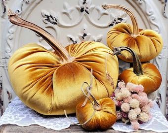 Velvet Pumpkins with Real Dried Pumpkin Stems-GOLD; 20 color options in six sizes. 10 percent off 5 or more.