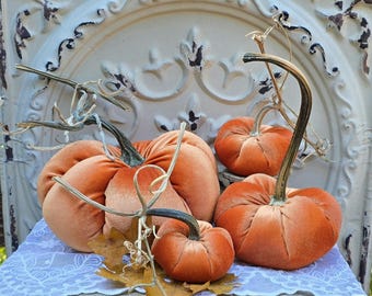 Velvet Pumpkins with Real Dried Pumpkin Stems-PUMPKIN ORANGE; 20 colors in six sizes. 10 percent off 5 or more.