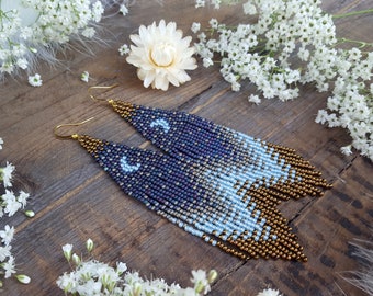 Starry Night and Moon Long Beaded Earrings; 'Midnight Dream' Collection