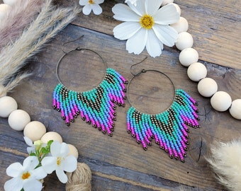Large Hoop Beaded Fringe Earrings; 'Groovy'. Part of the 'Mandala' series.