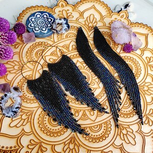Long Black Beaded Shoulder Duster Earrings 'Galaxy' Collection image 9