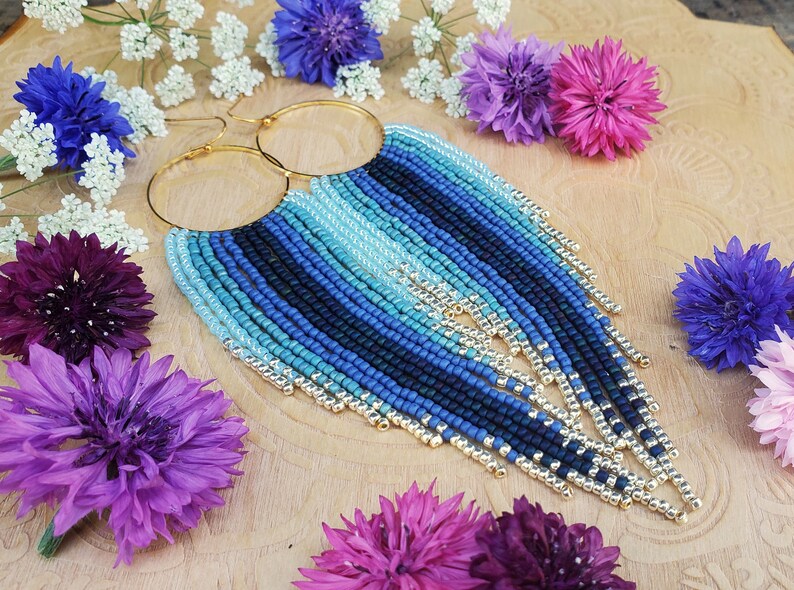 Long Boho Blue Ombr\u00e9 Beaded Fringe Hoop Earrings; /'Tranquility/'