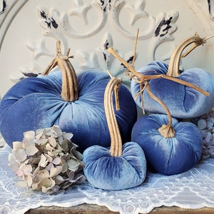 Velvet Pumpkins with Real Dried Pumpkin Stems-SLATE BLUE; 17 colors in 6 sizes. 10 percent off 5 or more.