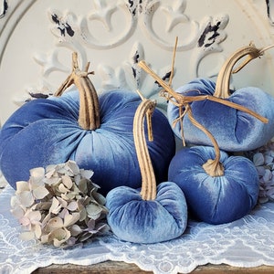 Velvet Pumpkins with Real Dried Pumpkin Stems-SLATE BLUE; 20 colors in 6 sizes. 10 percent off 5 or more.